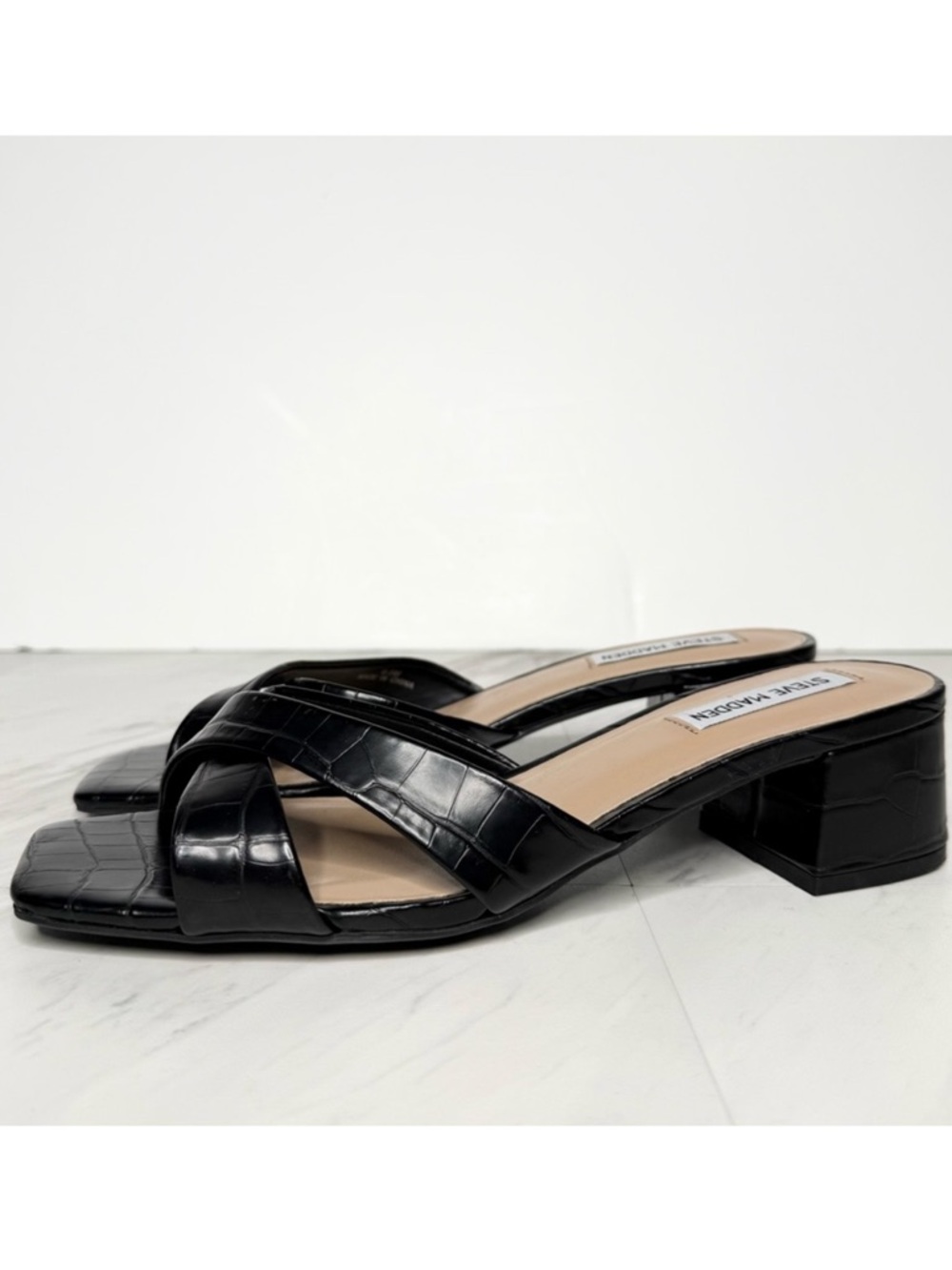 Steve Madden Gaia Square Toe Black Crocodile Embossed Heeled Sandal 9 1/2 M